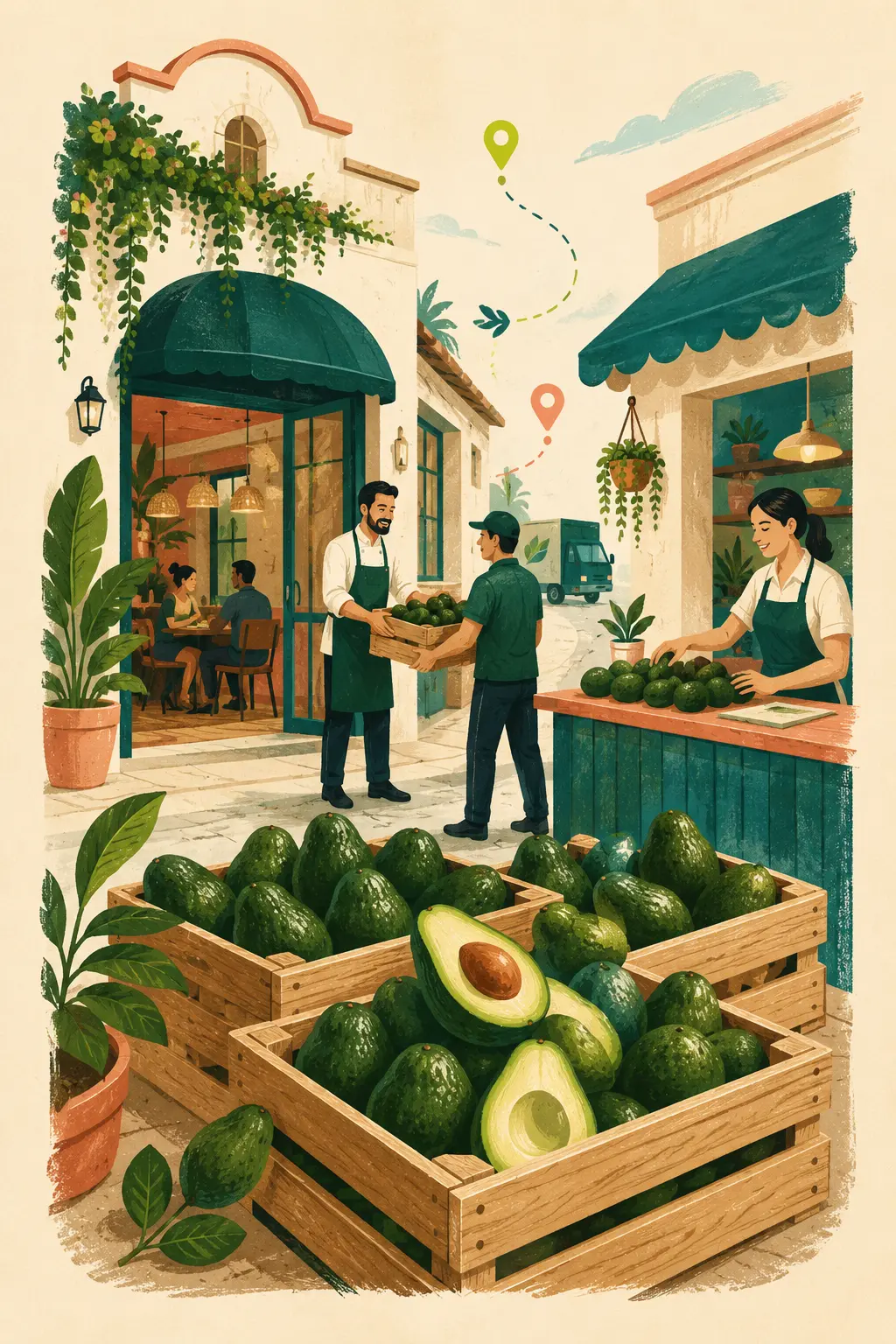 Ilustración original de abastecimiento mayorista de paltas para negocios