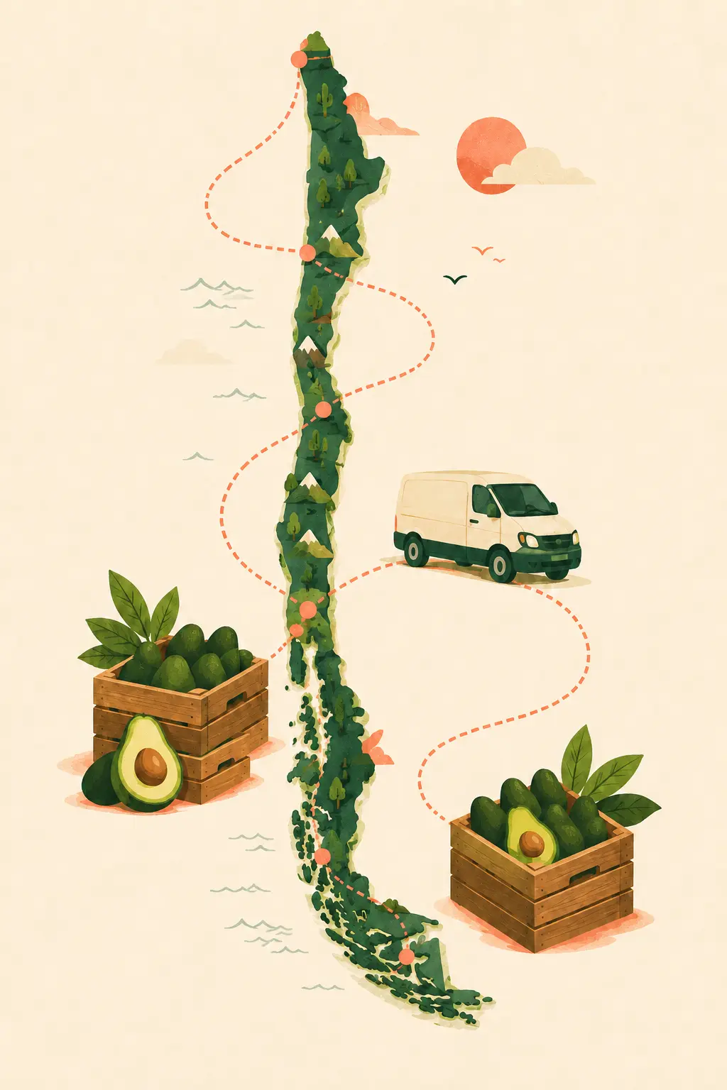 Ilustración original de distribución de paltas a negocios de Chile