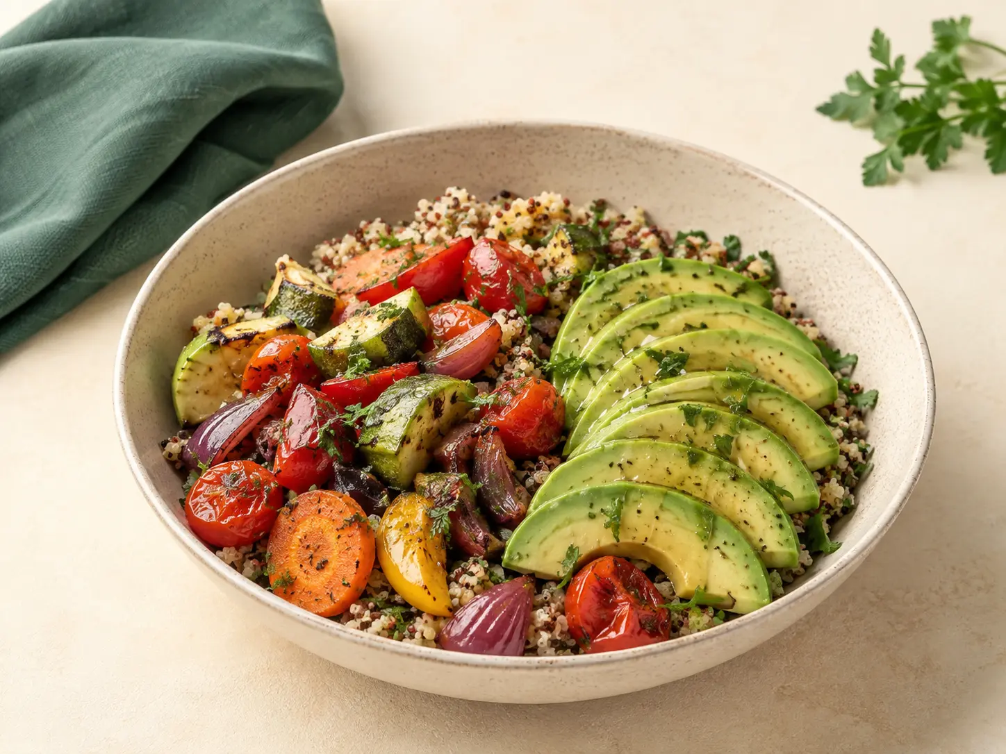 Ensalada de quinoa, palta y vegetales