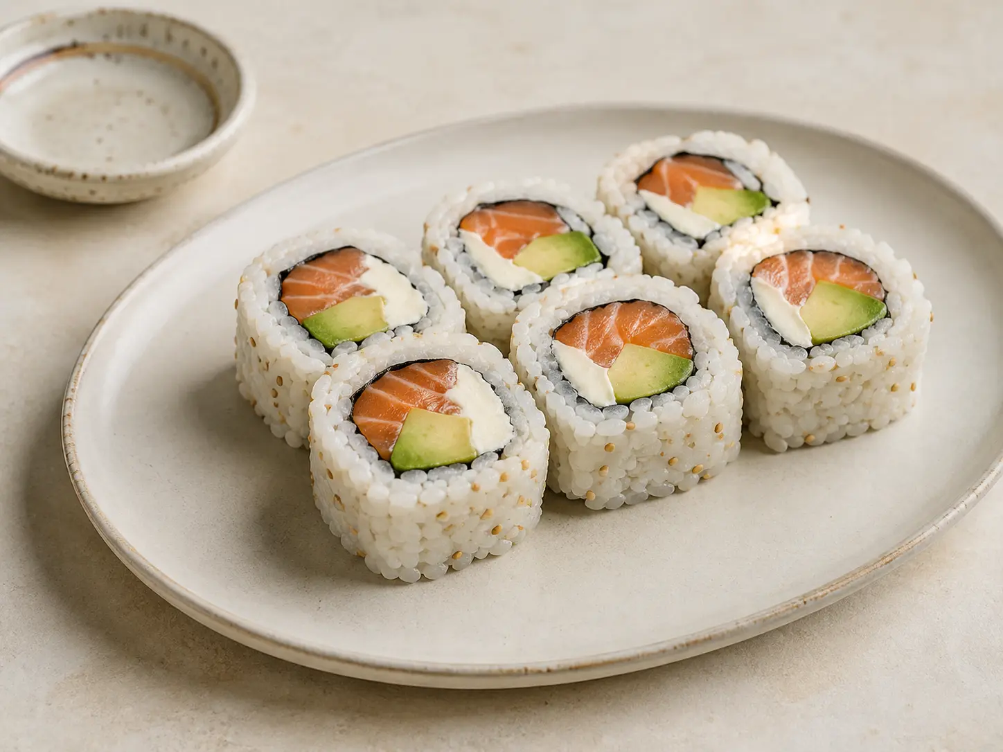 Roll de sushi con salmón, queso crema y palta